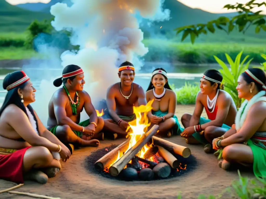 Grupo de personas indígenas celebrando una ceremonia tradicional alrededor del fuego, reflejando la filosofía contemporánea del Sumak Kawsay