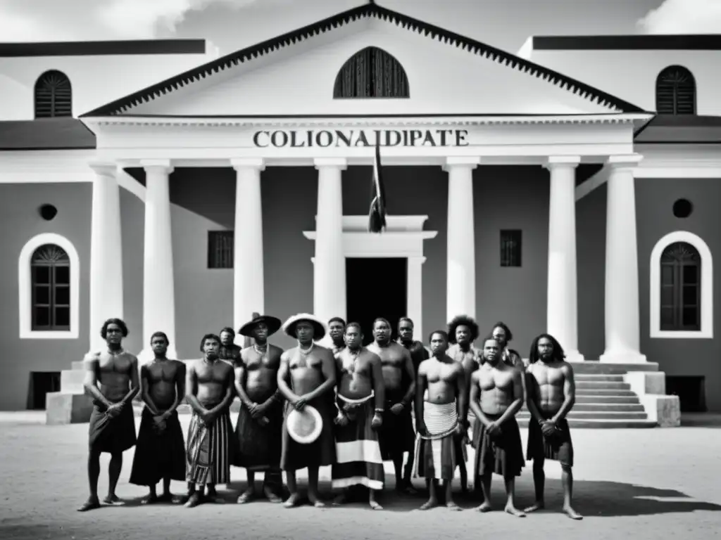 Grupo de personas indígenas frente a edificio colonial, expresan resistencia y agotamiento