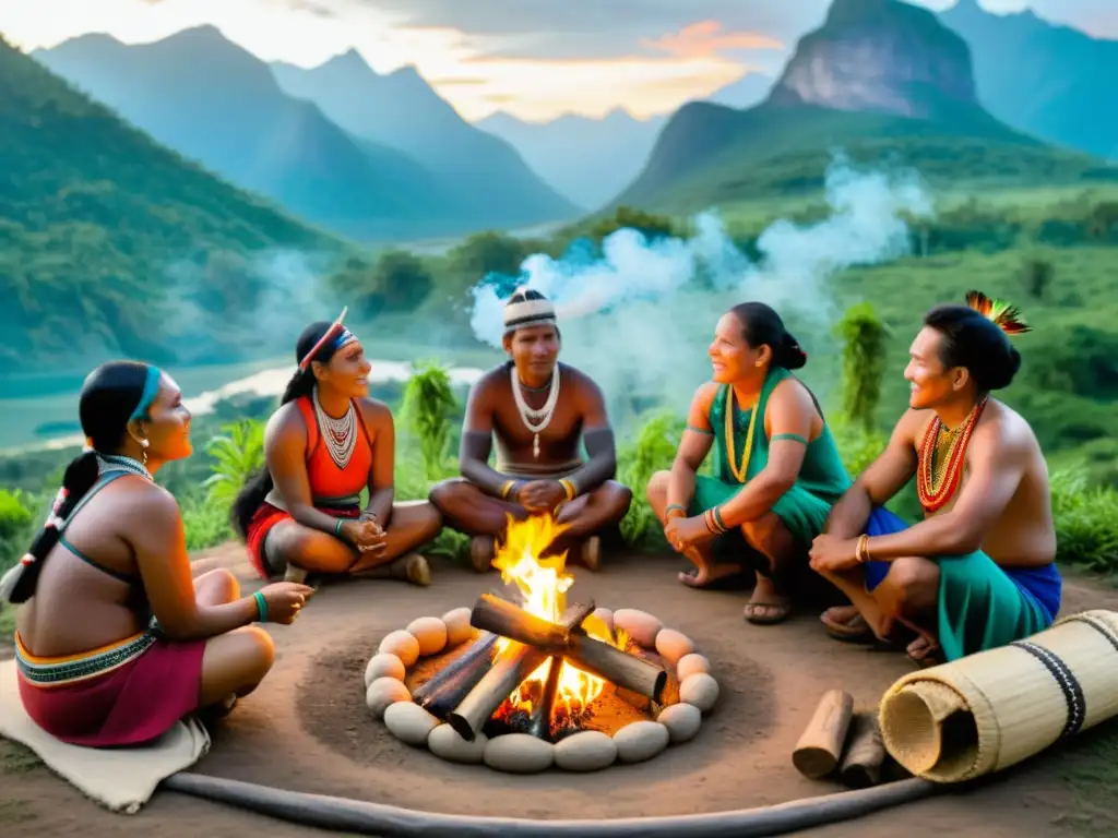 Un grupo de personas indígenas se reúnen alrededor de un fuego comunitario en una ceremonia tradicional, con ropa colorida y pintura corporal