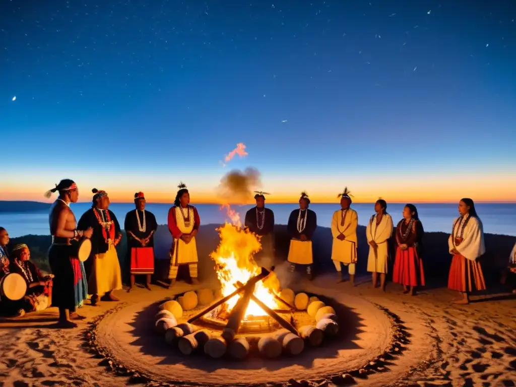 Un grupo de personas indígenas se reúne alrededor de una gran fogata, creando una atmósfera mística con música y prácticas espirituales nativas