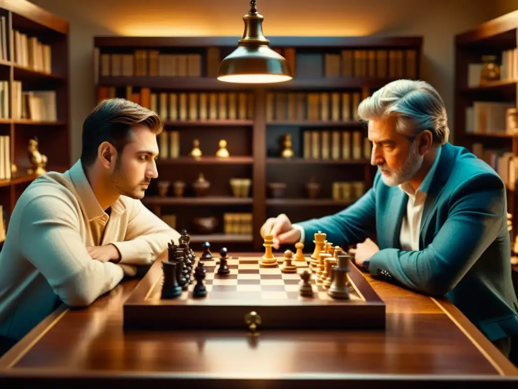 Un grupo de personas inmersas en un juego de ajedrez en un ambiente intelectual y filosófico