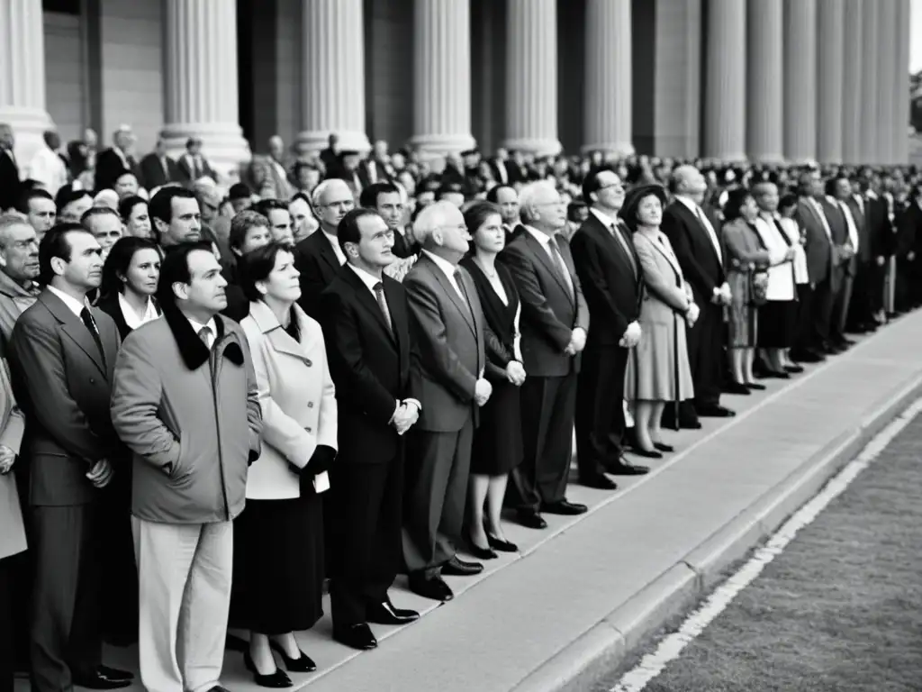 Grupo de personas aguardando en larga fila frente a edificio gubernamental, reflejando la Filosofía de la Austeridad Virtud Económica