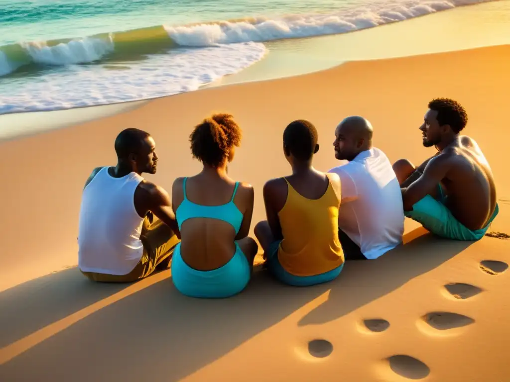 Un grupo de personas en profunda conversación filosófica en una playa caribeña al atardecer, reflejando la belleza y el misterio de la existencia
