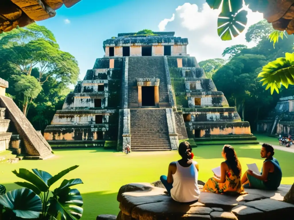 Un grupo de personas disfruta de un retiro filosófico en el místico entorno de las ruinas mayas en Centroamérica, sumergidos en la sabiduría ancestral