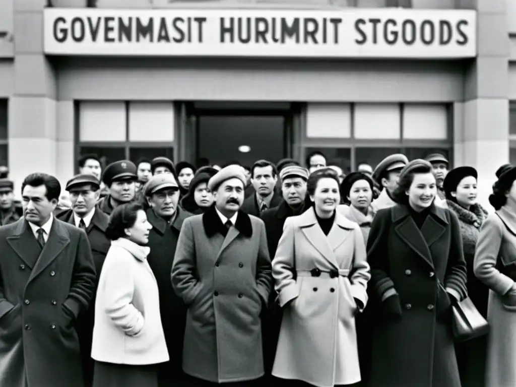 Grupo de personas esperando afuera de una tienda estatal en un país comunista