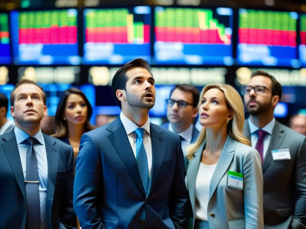Un grupo de personas en trajes de negocios observa con ansiedad, emoción y determinación las fluctuaciones del mercado en una bulliciosa bolsa de valores