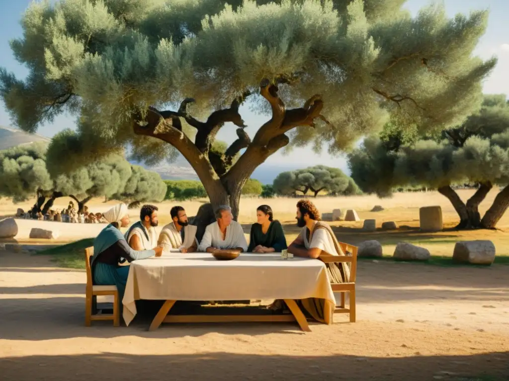 Un grupo de personas vestidas con atuendos griegos antiguos debatiendo bajo un olivo, rodeados de escritos y ruinas antiguas