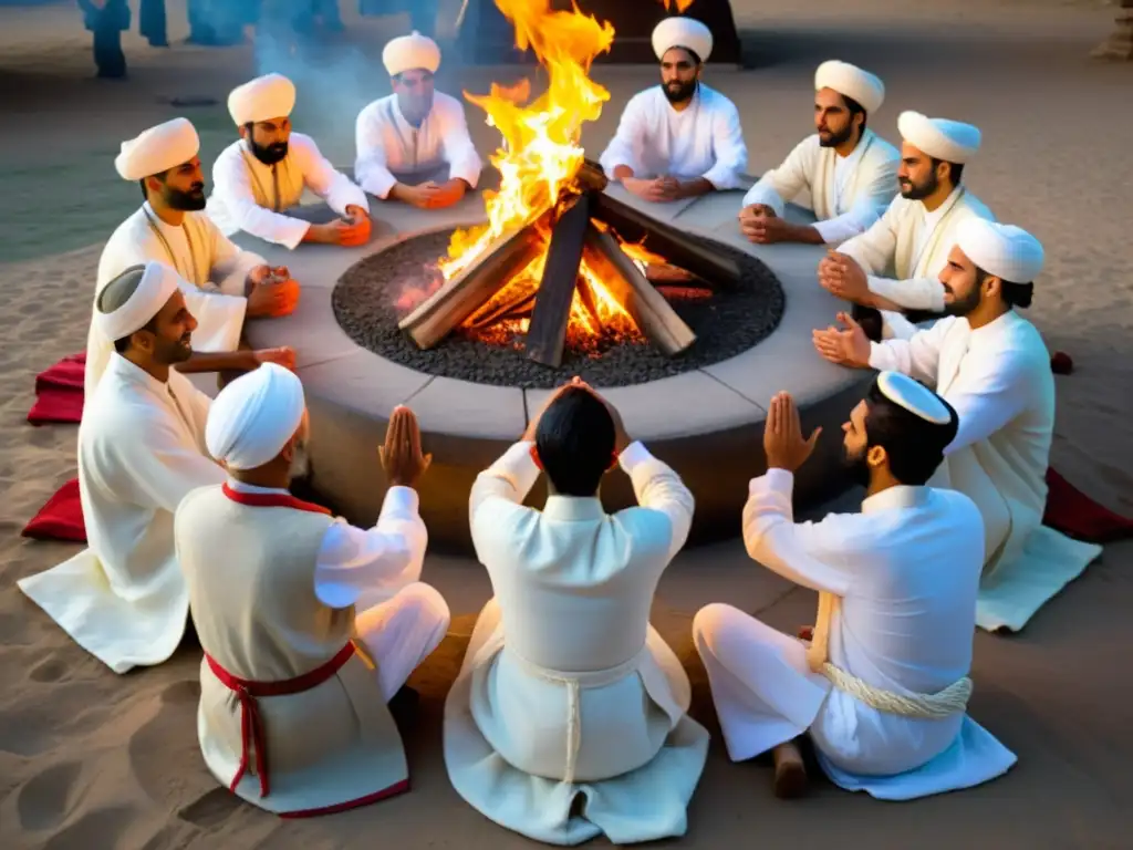 Grupo de practicantes del antiguo zoroastrismo vistiendo túnicas blancas alrededor de un fuego sagrado, en reverente conexión espiritual