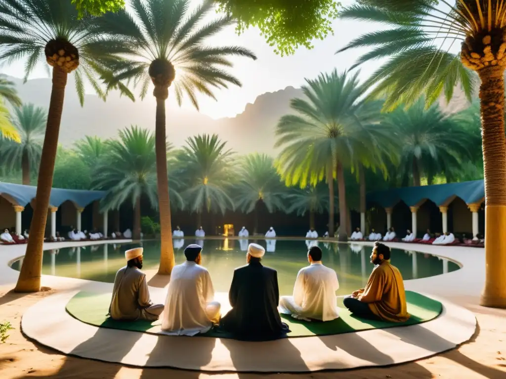 Grupo de practicantes Sufi en contemplación bajo palmeras