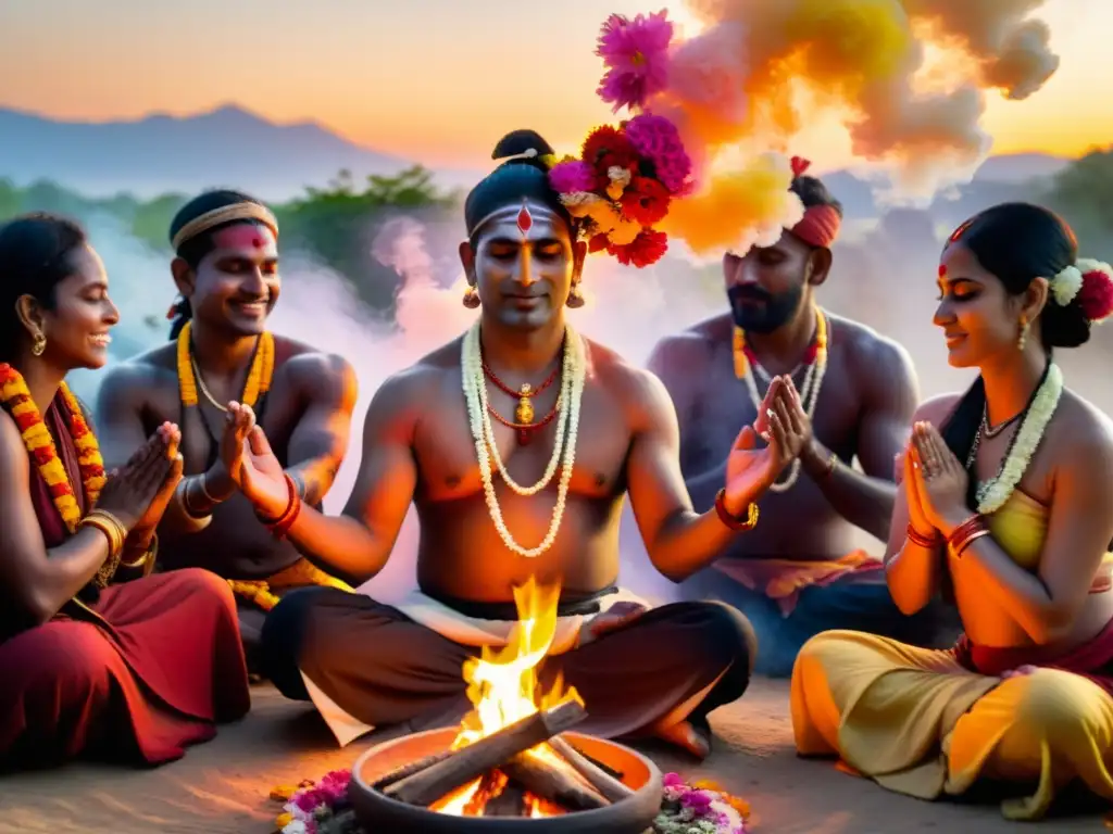 Grupo de practicantes hindúes en ritual de fuego al amanecer, rodeados de flores y humo de incienso