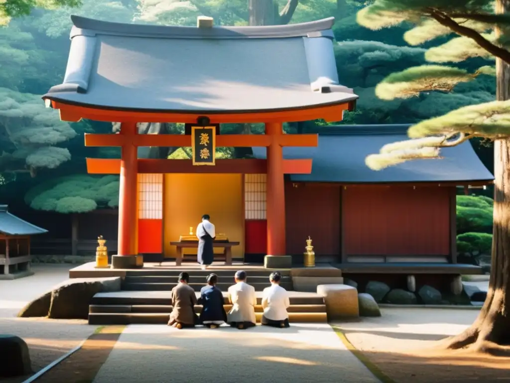 Un grupo de practicantes internacionales del Shinto en el extranjero, ofrecen respetuosamente oraciones y ofrendas en un santuario japonés, iluminados por la cálido sol entre los árboles