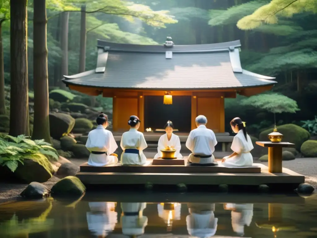 Un grupo de practicantes internacionales del Shinto realizando un ritual de purificación en un santuario en el bosque