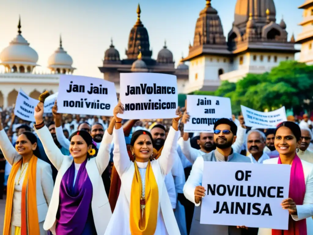 Un grupo de practicantes jainistas pacíficamente protestando en una plaza de la ciudad, promoviendo la no violencia con pancartas coloridas