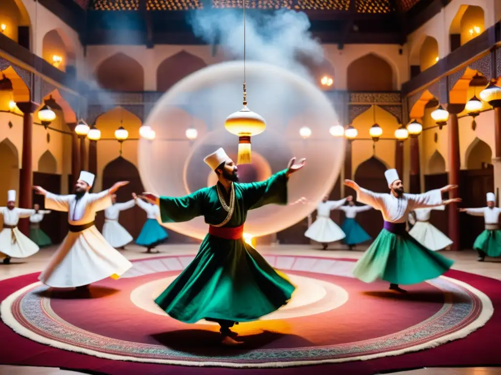 Grupo de practicantes sufíes en ceremonia de derviches giróvagos, envueltos en una atmósfera de misticismo espiritual en un salón ornamentado