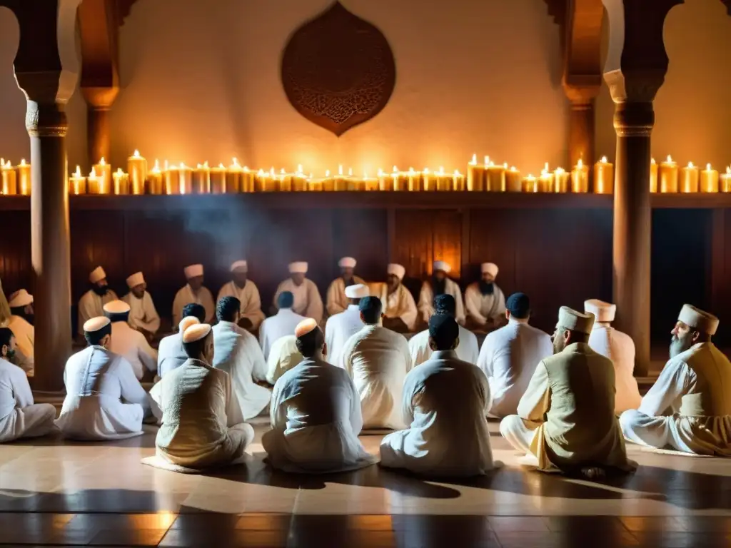 Un grupo de practicantes del Sufismo se reúnen en una mezquita tenue, iluminados por la luz de las velas, mientras realizan un ritual tradicional