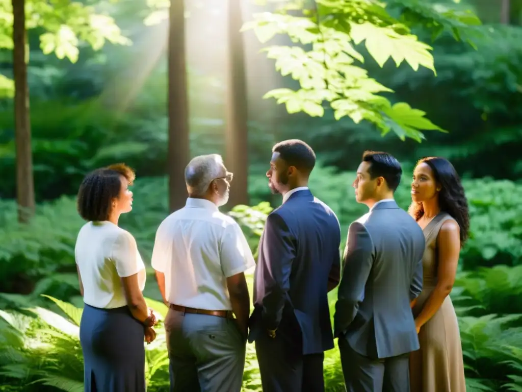 Un grupo de profesionales diversificados en una discusión profunda en un bosque