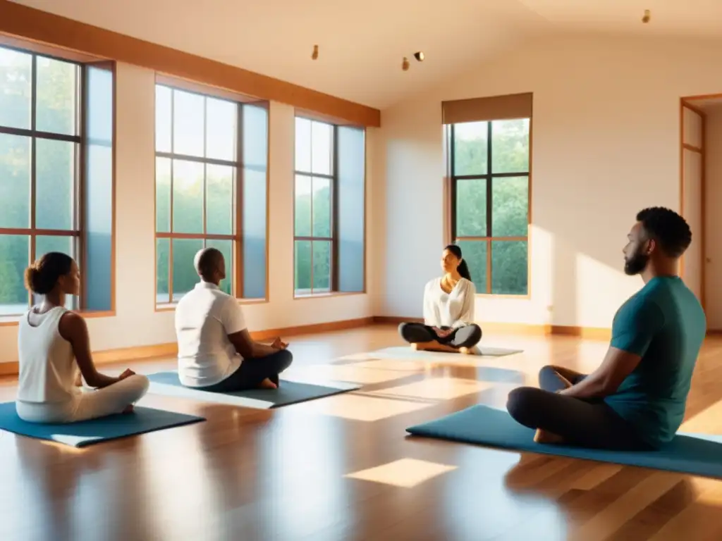 Un grupo de profesionales participa en una sesión de mindfulness en una habitación luminosa con una atmósfera tranquila