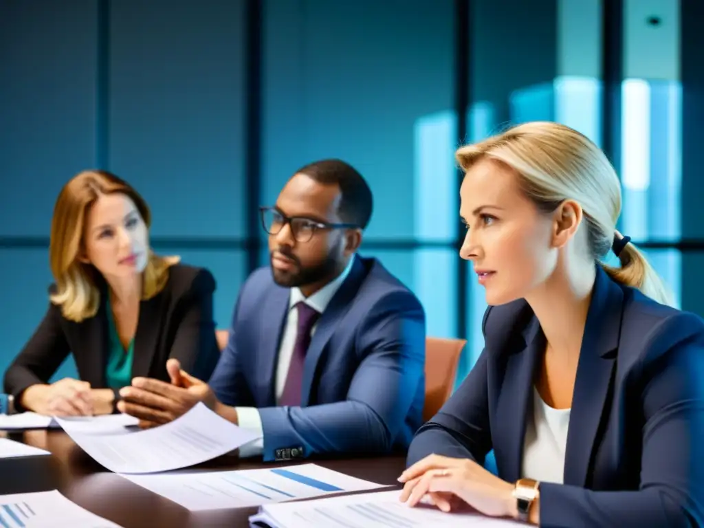 Un grupo de profesionales de negocios discuten con intensidad en una mesa de conferencias, transmitiendo un ambiente profesional y colaborativo