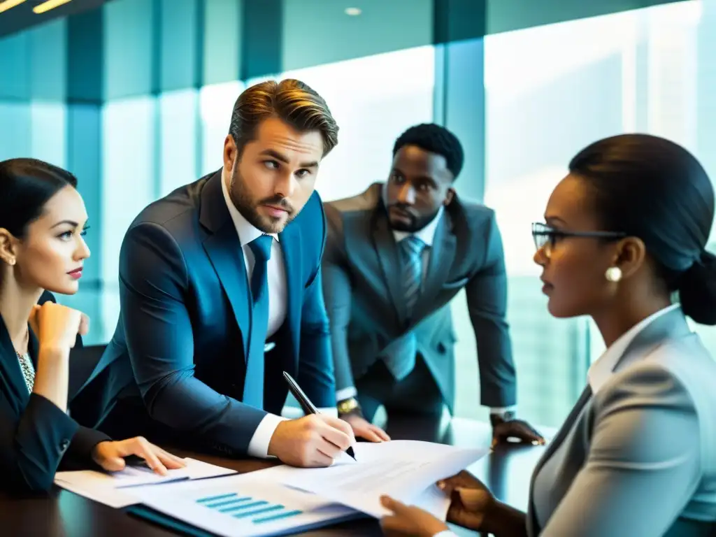 Un grupo de profesionales de negocios en una sala de juntas, revisando documentos financieros con seriedad