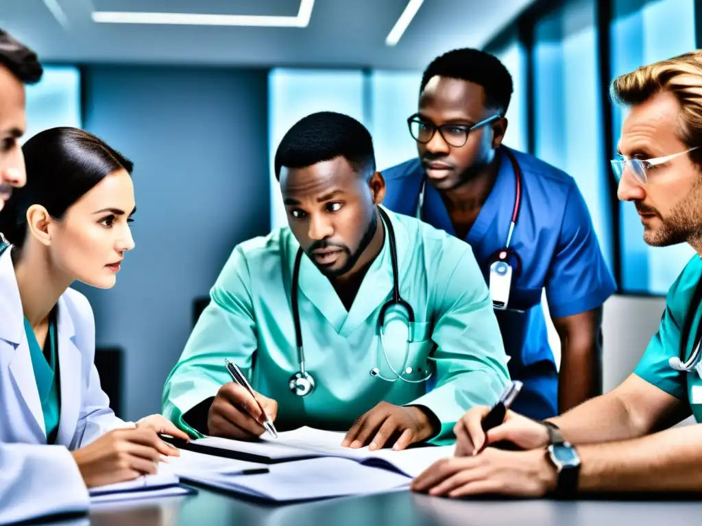 Un grupo de profesionales de la salud discute ética en la IA, con dedicación y seriedad