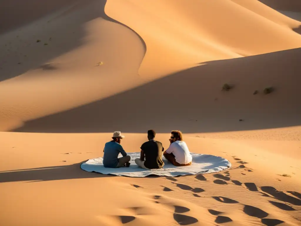 Un grupo disfruta de retiros filosóficos en Oriente Medio, escuchando atentamente a un filósofo bajo la sombra en el desierto