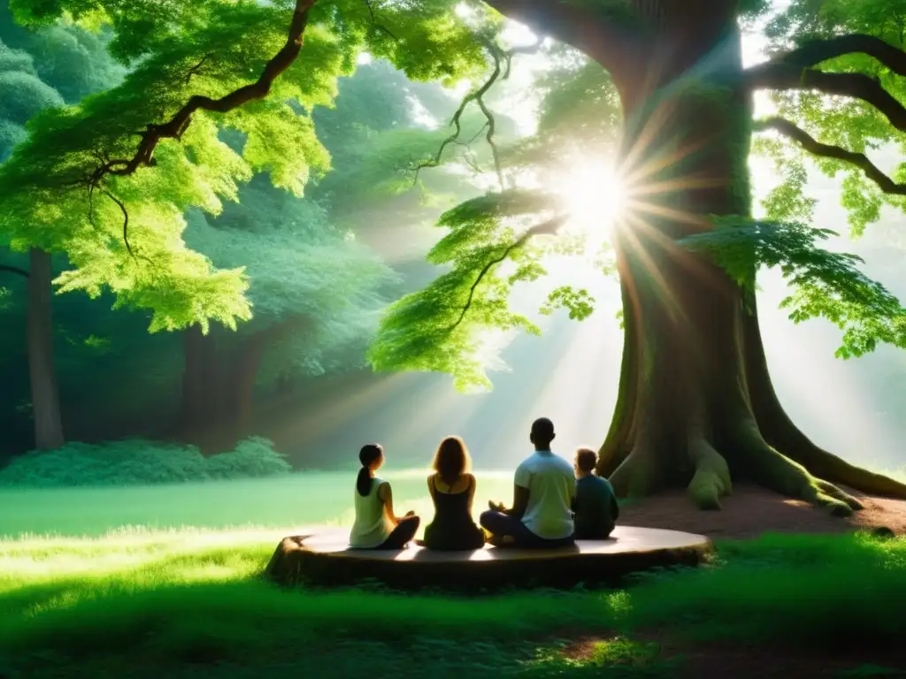 Grupo en meditación, rodeado de exuberante naturaleza