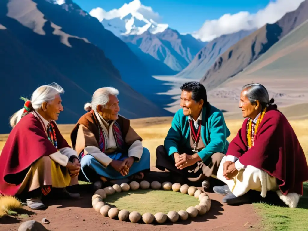 Grupo de sabios Andinos en profunda discusión, rodeados de montañas