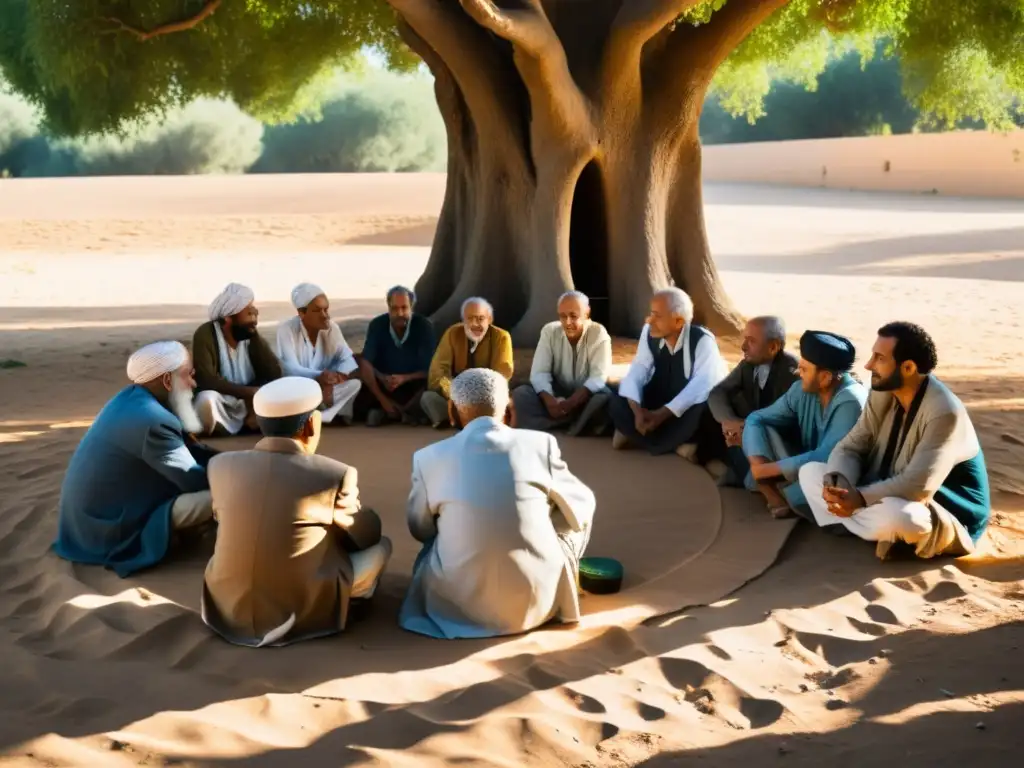 Grupo de sabios filósofos norteafricanos en profunda discusión bajo un árbol, evocando la importancia de la oralidad en la filosofía norteafricana