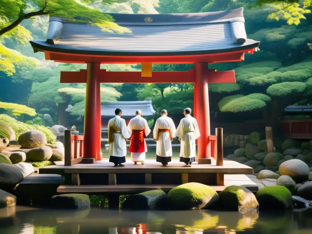 Grupo de sacerdotes Shinto en un hermoso santuario de madera realizando un ritual de purificación con serenidad espiritual