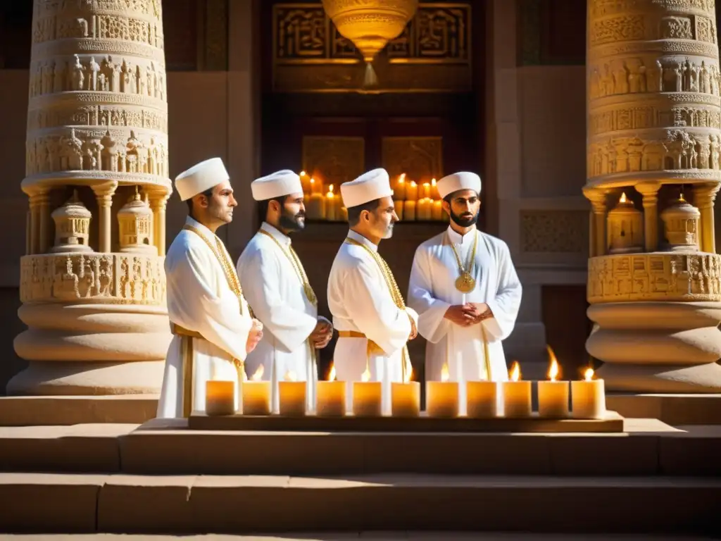 Grupo de sacerdotes zoroastrianos en un templo iluminado por velas, mostrando la preservación del Zoroastrismo en desafíos contemporáneos