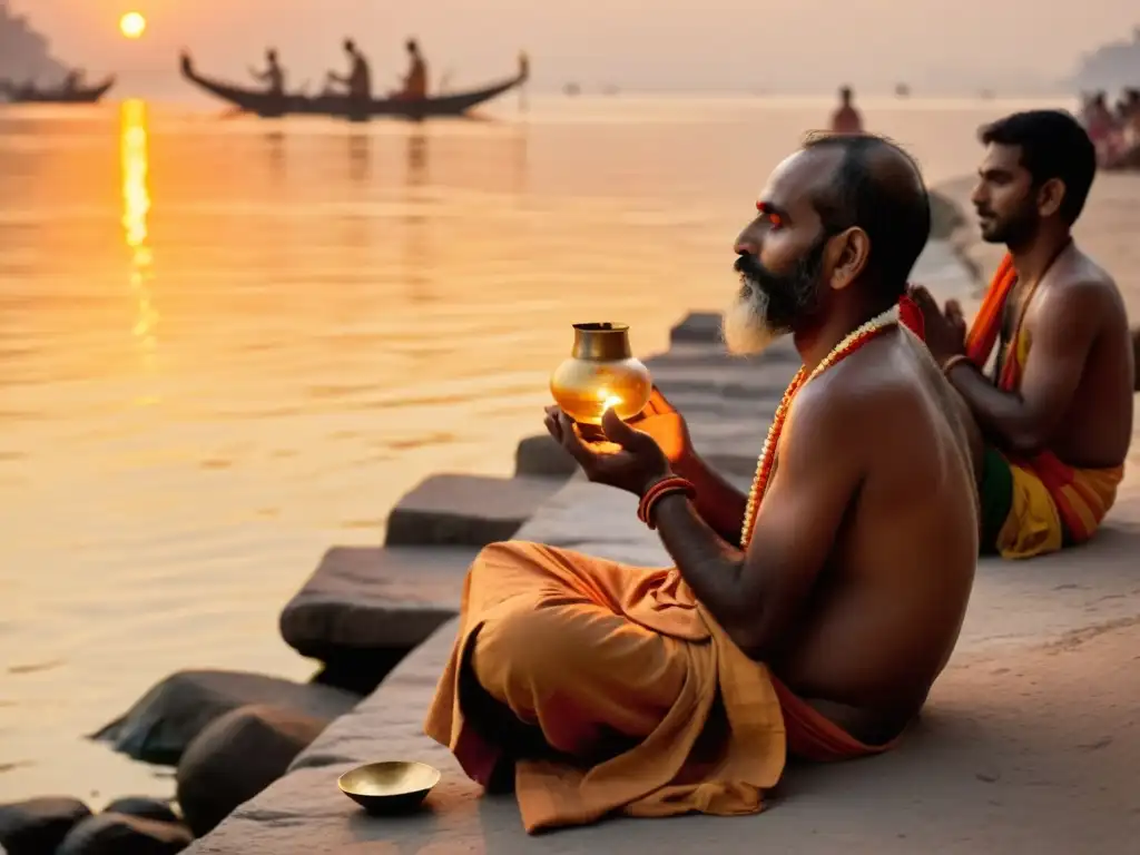 Un grupo de sadhus en meditación a la orilla del Ganges en Varanasi, iluminados por lámparas, mientras devotos realizan aarti