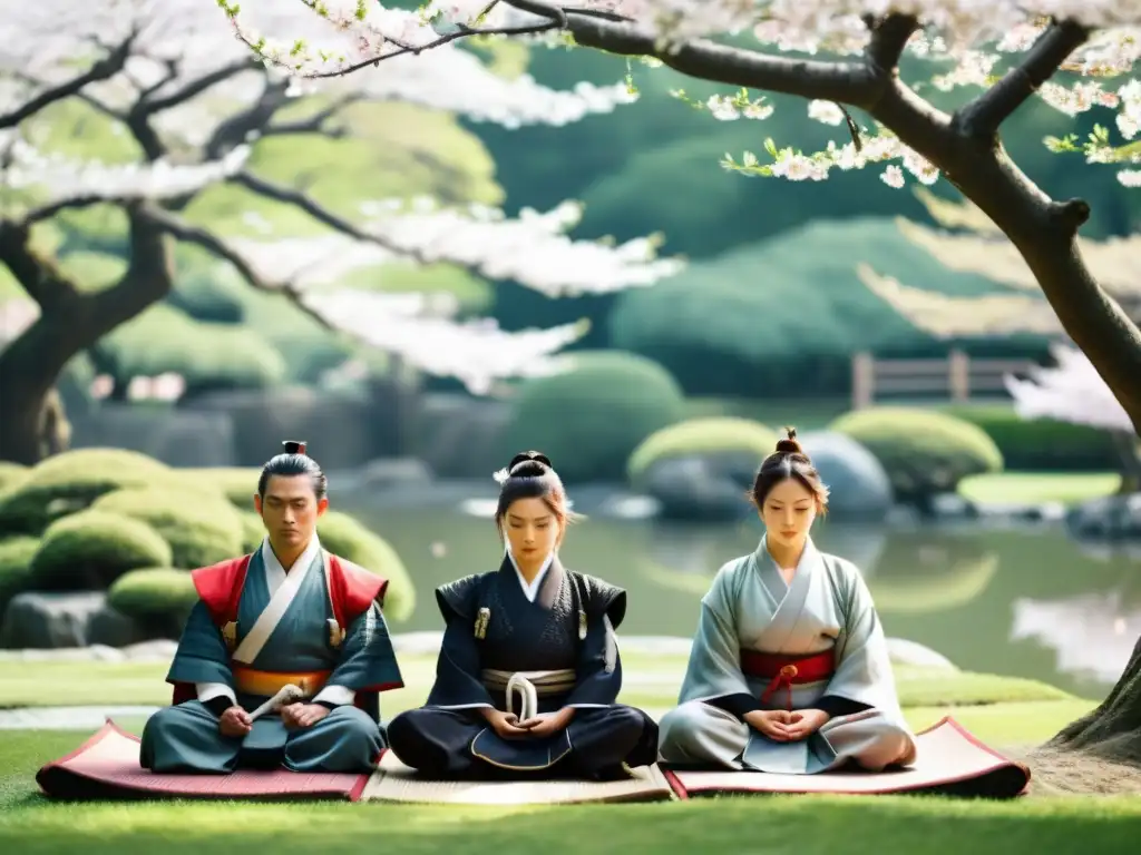 Samuráis en meditación: armonía zen en el jardín Un grupo de samuráis medita en un jardín zen, reflejando la filosofía Zen en la cultura samurái