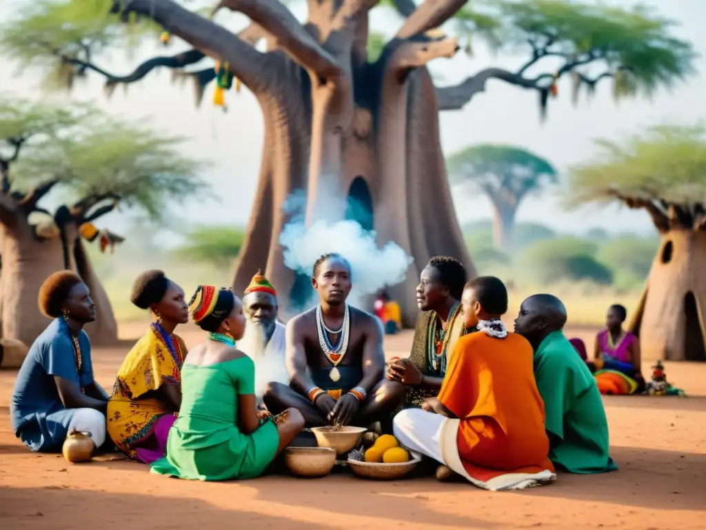 Grupo de sanadores africanos realiza ceremonia bajo baobab, con hierbas medicinales y joyas