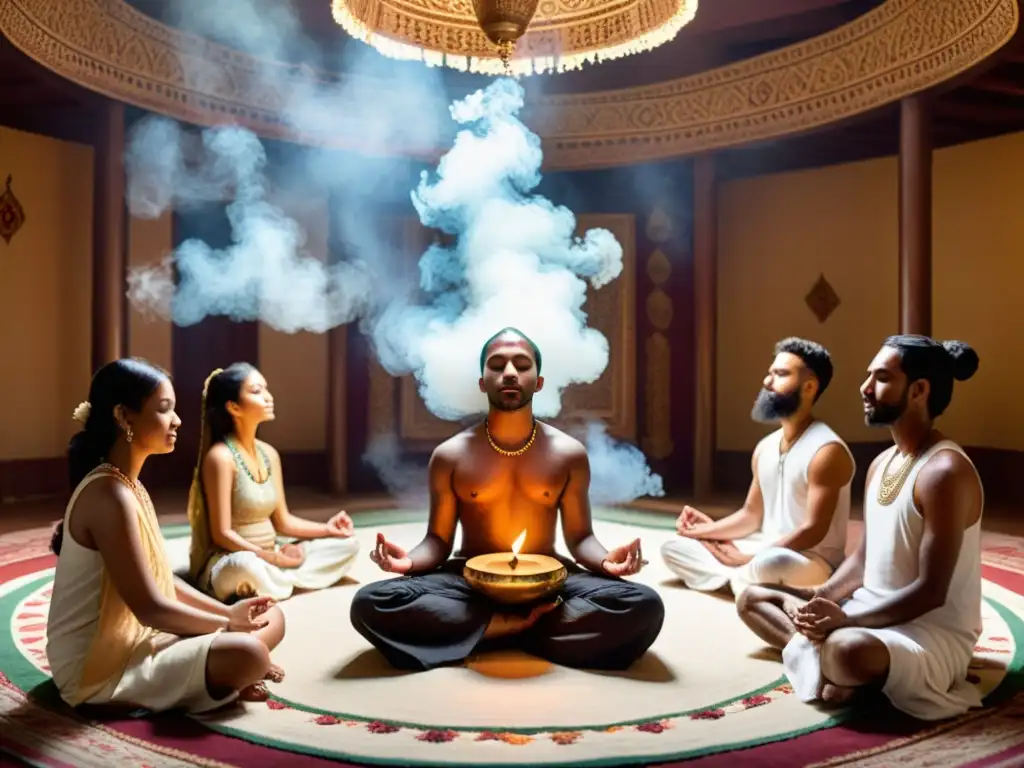 Un grupo de seguidores jainistas medita en círculo mientras un músico toca un instrumento tradicional indio, creando una atmósfera serena y espiritual