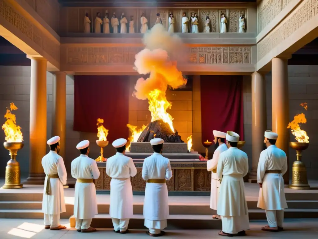 Grupo de seguidores del Zoroastrismo en un templo, preservando la tradición ante desafíos contemporáneos