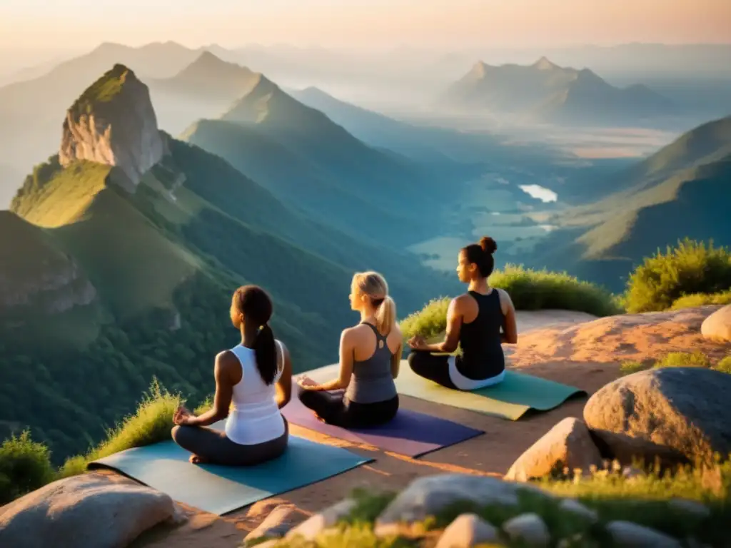 Grupo en serena práctica de yoga al amanecer en la cima de una montaña, reflejando la filosofía detrás del yoga