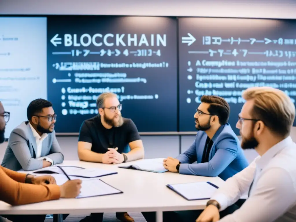 Un grupo de tecnólogos y filósofos inmersos en una profunda discusión, rodeados de pizarras con ecuaciones y diagramas sobre tecnología blockchain