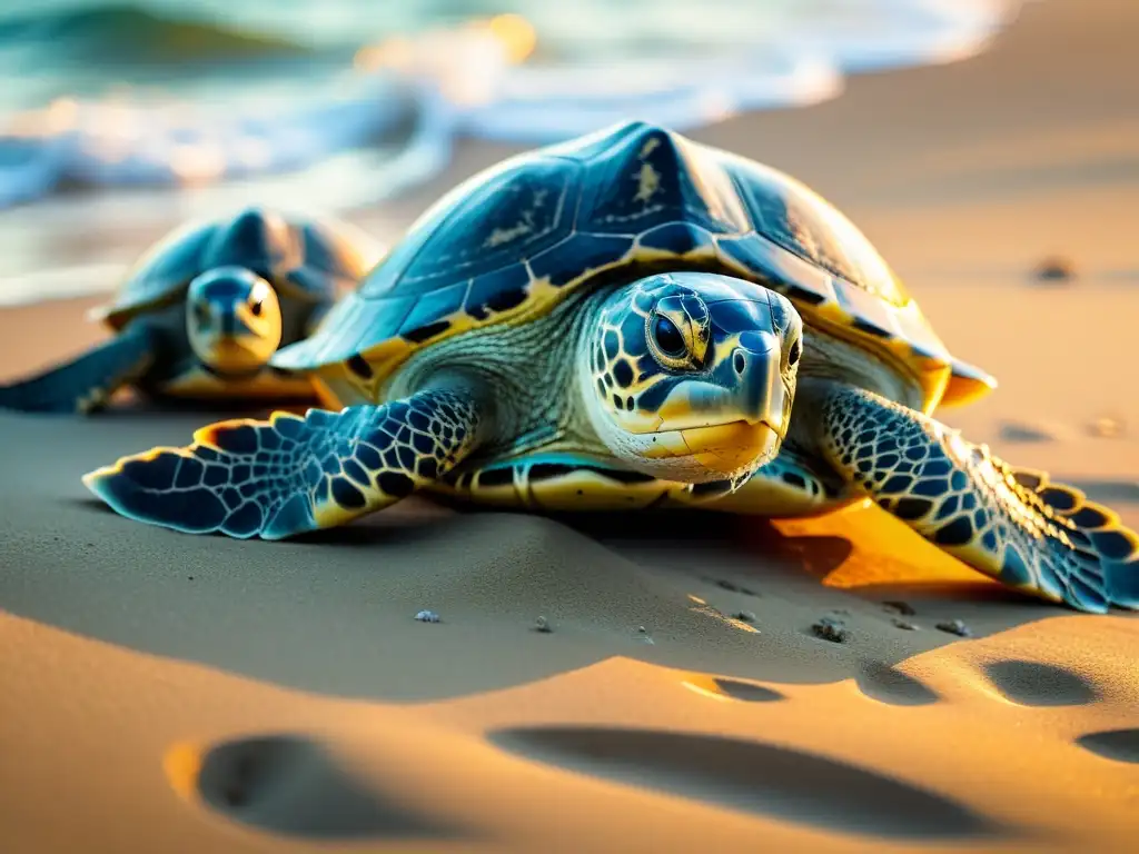 Grupo de tortugas marinas en playa remota al amanecer