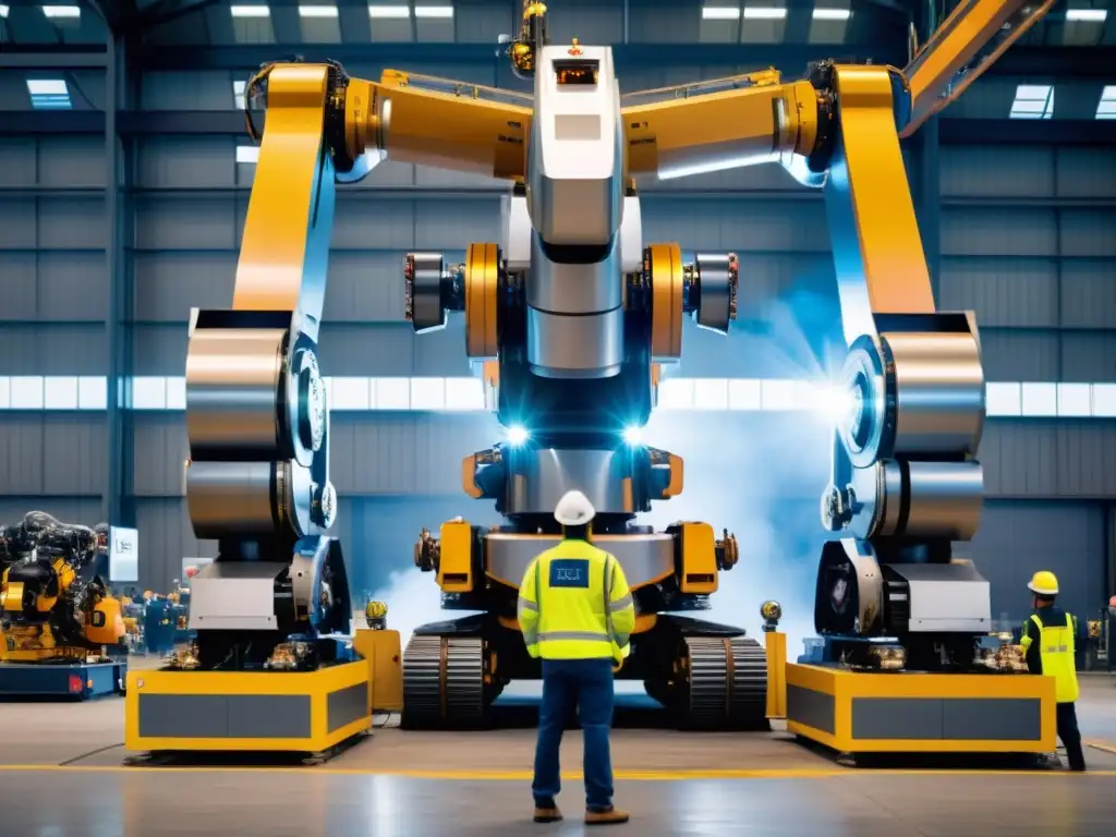 Un grupo de trabajadores observa con asombro y preocupación a un gigantesco robot industrial en pleno funcionamiento
