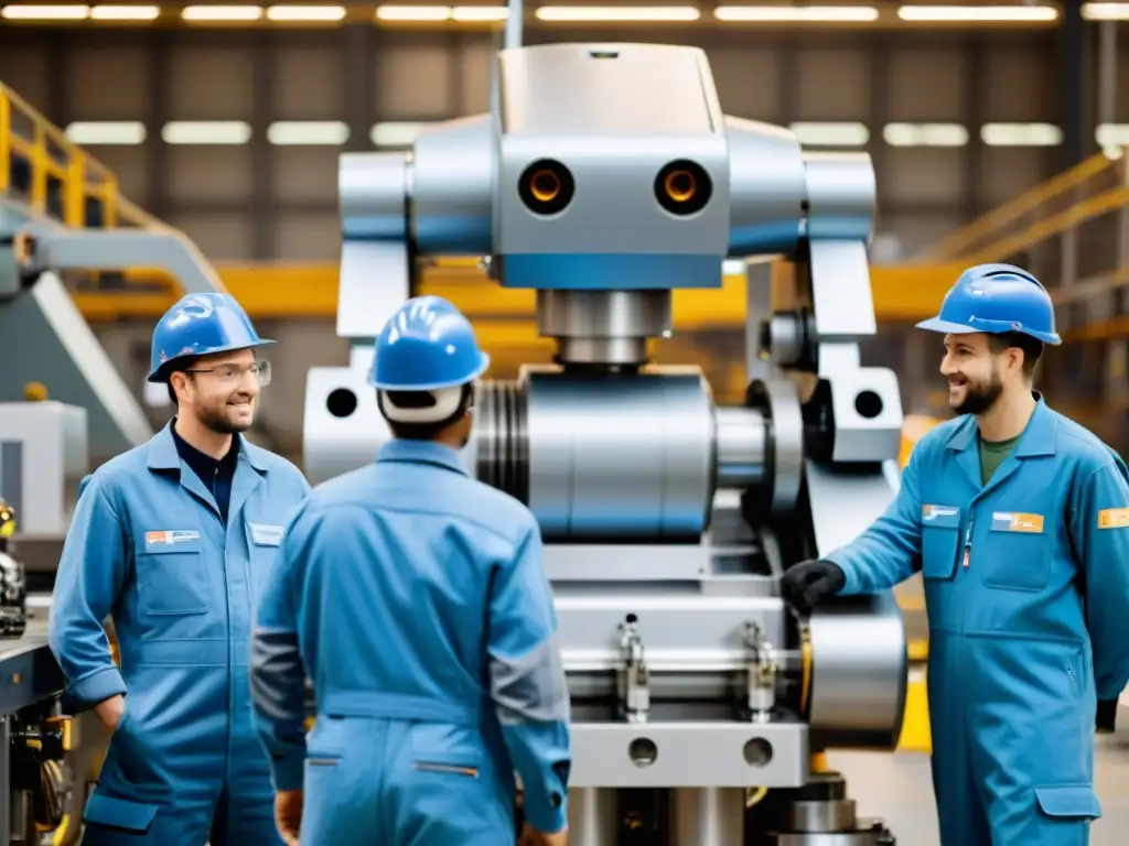 Un grupo de trabajadores observa con curiosidad y preocupación a un gran robot industrial en una línea de ensamblaje