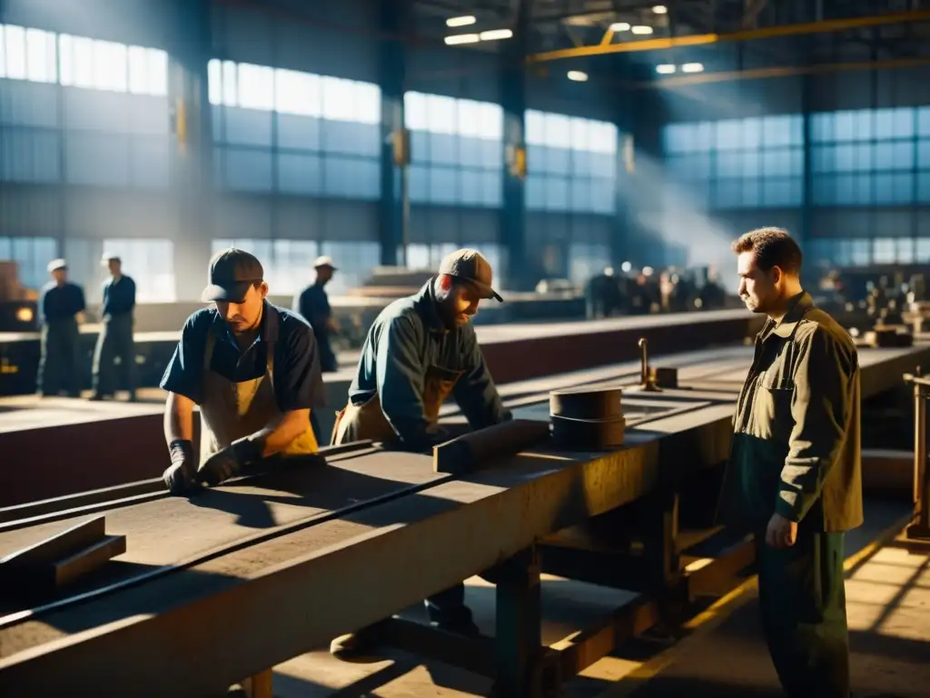 Grupo de trabajadores en fábrica con expresiones cansadas, rodeados de maquinaria en penumbra
