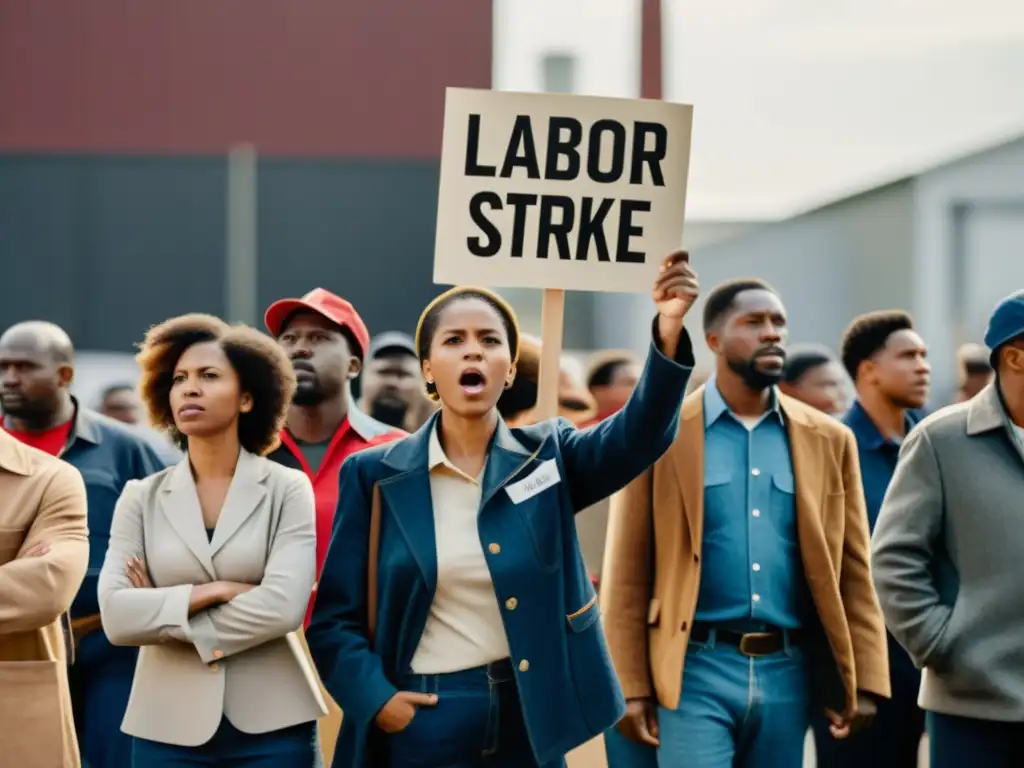 Grupo de trabajadores en huelga, mostrando solidaridad frente a una fábrica