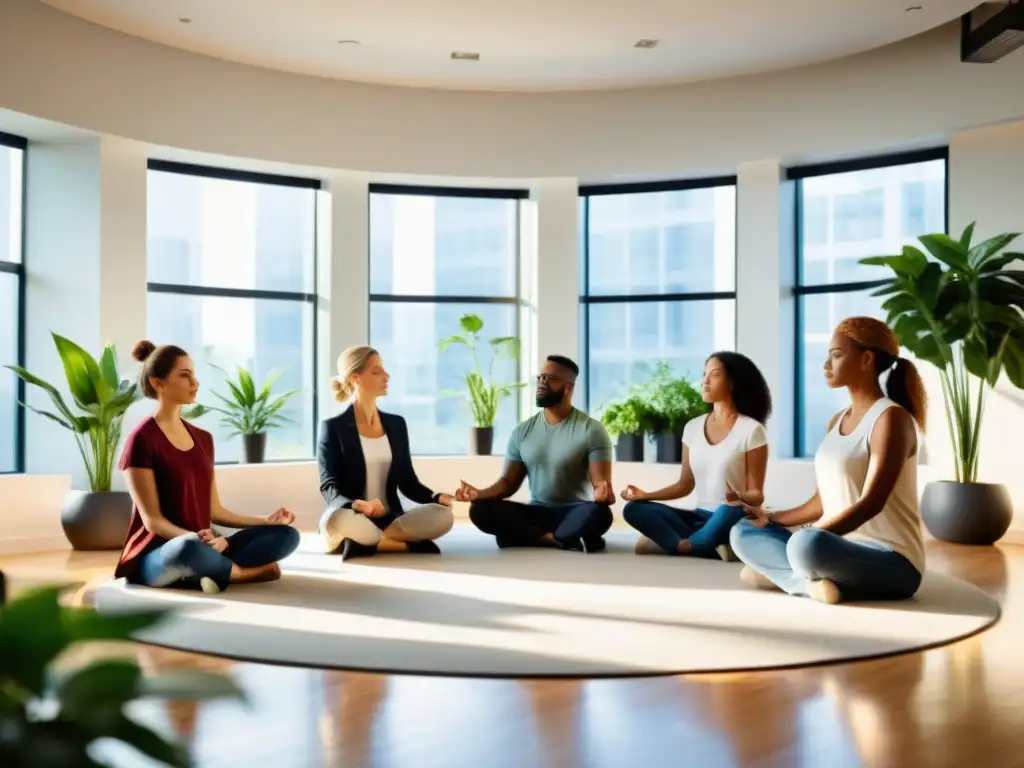 Un grupo de trabajadores en una sesión de mindfulness en la oficina, creando un ambiente de enfoque y tranquilidad