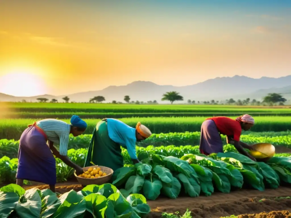 Un grupo de trabajadores subsaharianos cosechando en un campo amplio y soleado