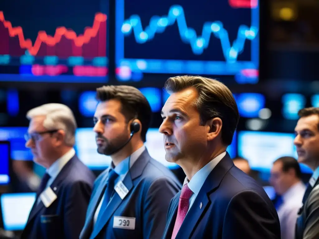 Grupo de traders en la bolsa de valores observando el mercado con tensión, reflejando la importancia de la intuición en finanzas