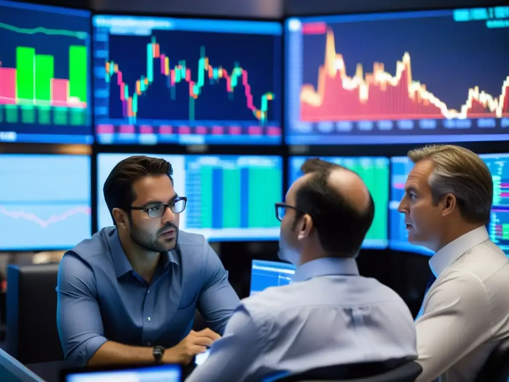 Grupo de traders analizando datos financieros en computadoras, representando la intensidad y ética en decisiones financieras