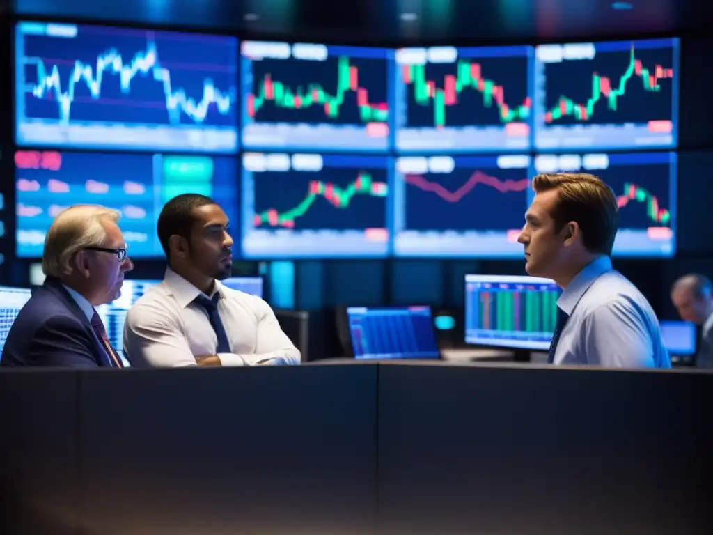 Grupo de traders analizando datos financieros en una sala de trading, mostrando la filosofía del riesgo en inversiones
