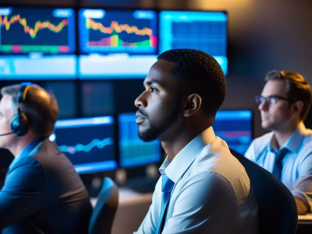 Grupo de traders en meditación para inversores en mercados, rodeados de pantallas y gráficos financieros en una habitación tenue