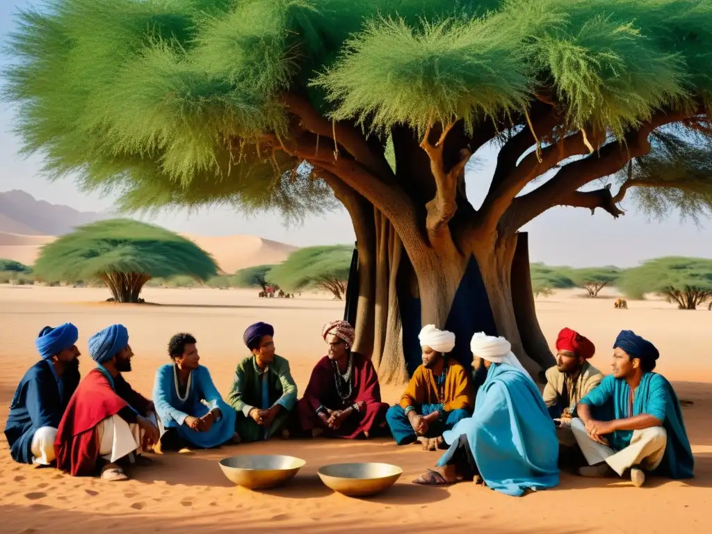 Un grupo de Tuareg bajo un árbol, vistiendo coloridos turbantes y túnicas, intercambian sabiduría