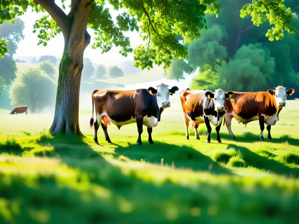 Un grupo de vacas pacíficas y contentas pasta en un prado verde y exuberante, bajo la luz del sol